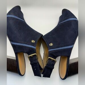 Tommy Hilfiger Navy Suede Slingback Mules with Gold Accents